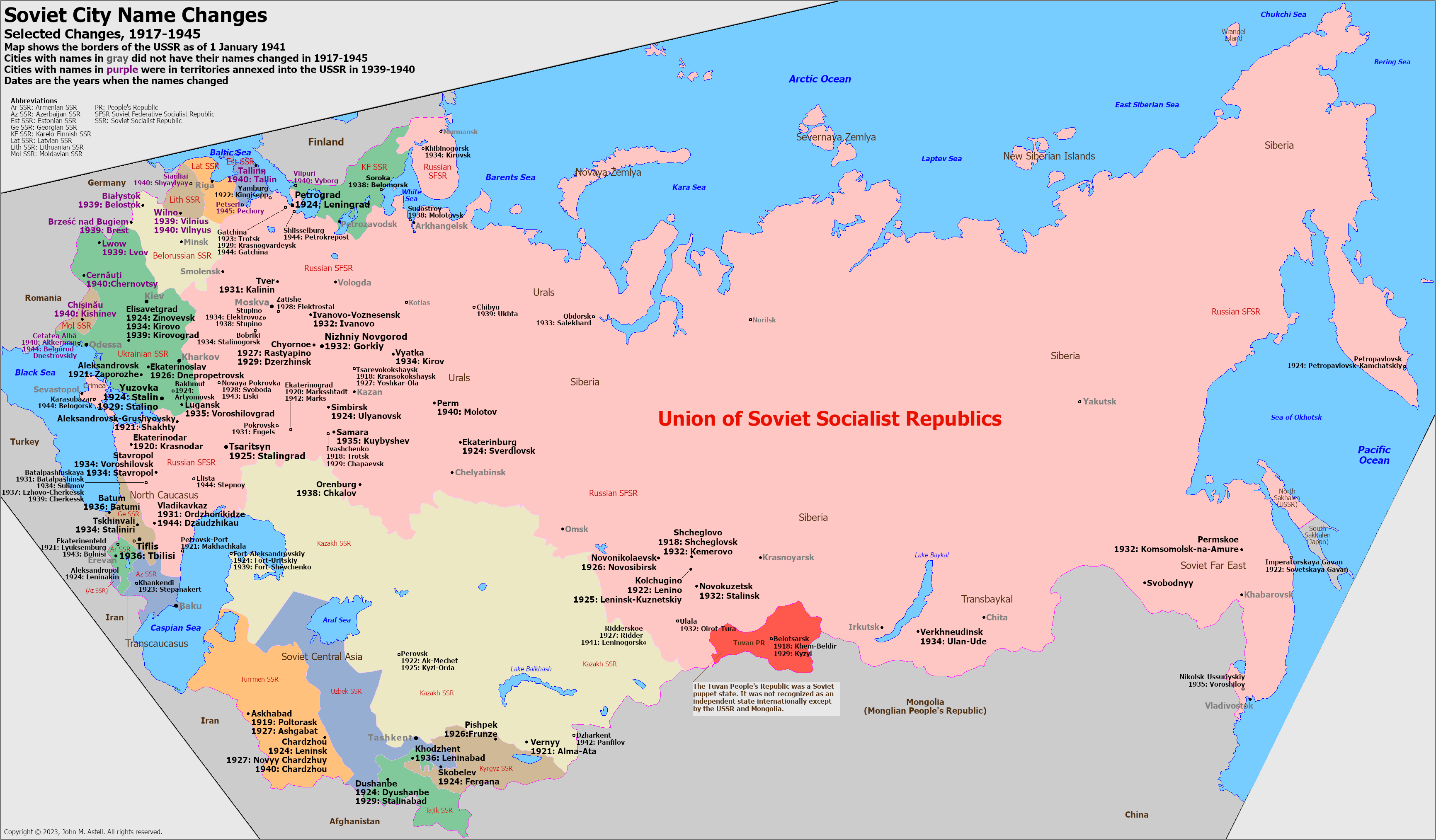 Detailed map of Soviet city name changes, 1917-1945